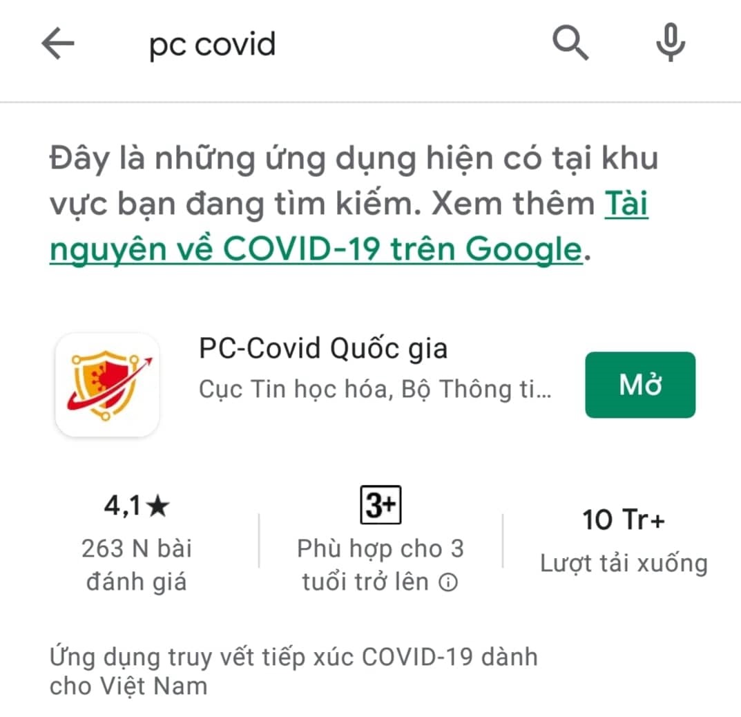 Ứng dụng PC-COVID xuất hiện trên Google Play Store.