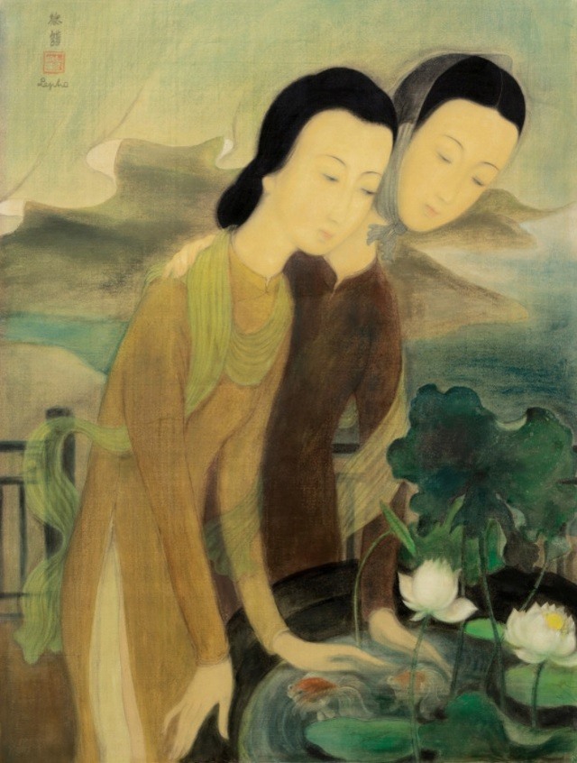 Bức “Hai người phụ nữ ngắm bể cá vàng” của họa sĩ Lê Phổ (1907-2001) được nhà đấu giá Sotheby Hồng Kông bán ra ngày 18/4 vừa qua, đạt mức giá 5.983.000 đô la Hồng Kông (tương đương hơn 17,7 tỷ đồng).