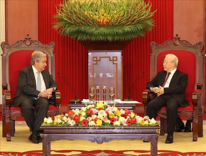 Tổng Bí thư Nguyễn Phú Trọng tiếp Tổng Thư ký Liên hợp quốc António Guterres. Ảnh: Trí Dũng /TTXVN