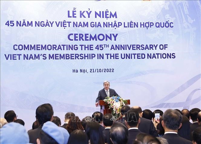 Tổng Thư ký Liên hợp quốc António Guterres phát biểu tại lễ kỷ niệm. Ảnh: TTXVN