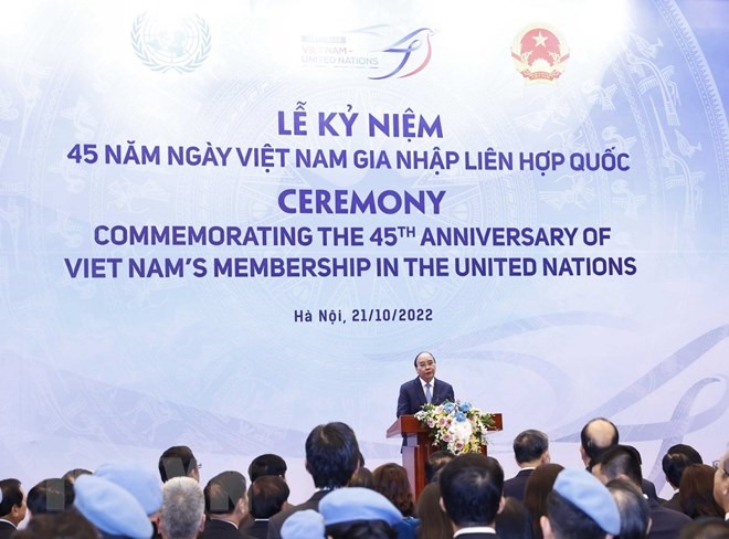Chủ tịch nước Nguyễn Xuân Phúc phát biểu tại lễ kỷ niệm 45 năm ngày Việt Nam gia nhập Liên hợp quốc. (Ảnh: TTXVN)