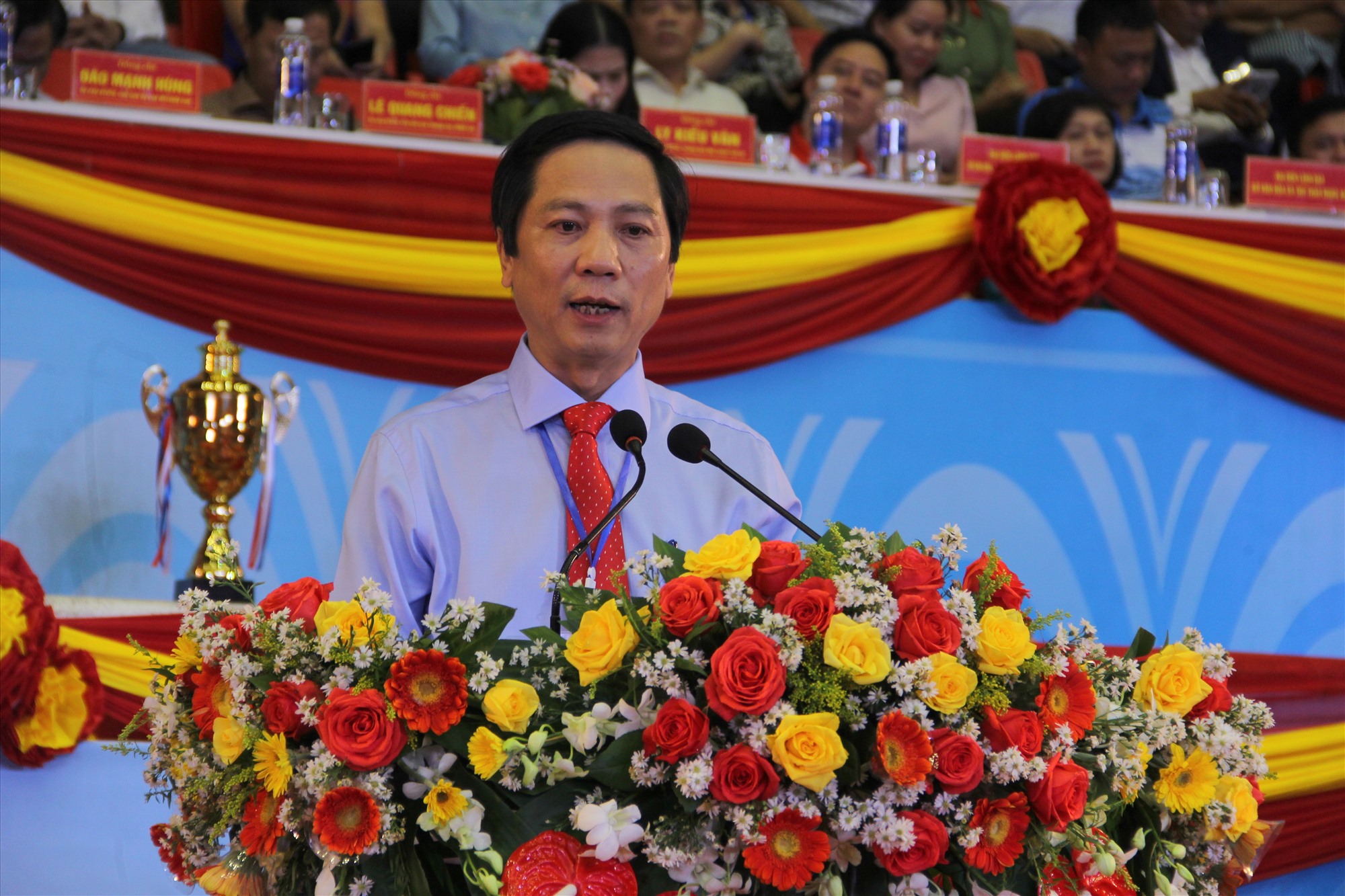 Phó Chủ tịch UBND tỉnh, Trưởng Ban Chỉ đạo Đại hội TDTT tỉnh Hoàng Nam phát biểu khai mạc đại hội - Ảnh: MĐ