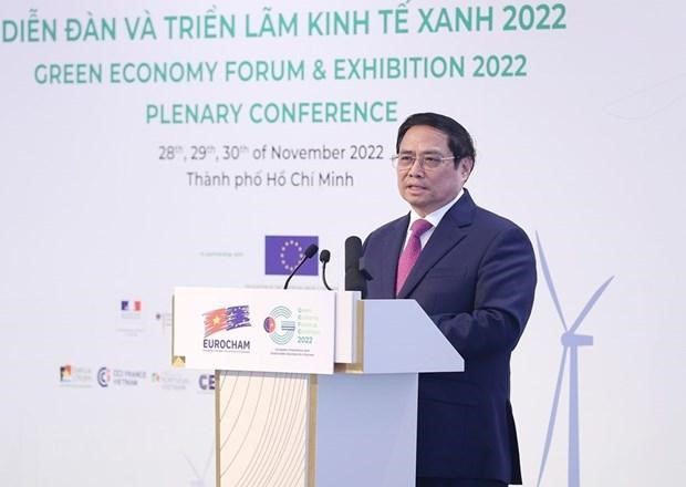 Thủ tướng Phạm Minh Chính phát biểu tại Diễn đàn và Triển lãm Kinh tế xanh GEFE 2022. (Ảnh: Dương Giang/TTXVN)