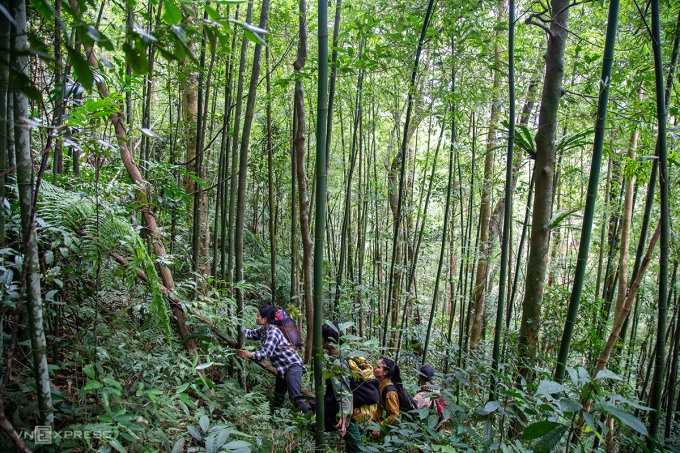 Người dân thôn Hồ, xã Hướng Sơn, tuần tra bảo vệ rừng cộng đồng. Ảnh: Hoàng Táo