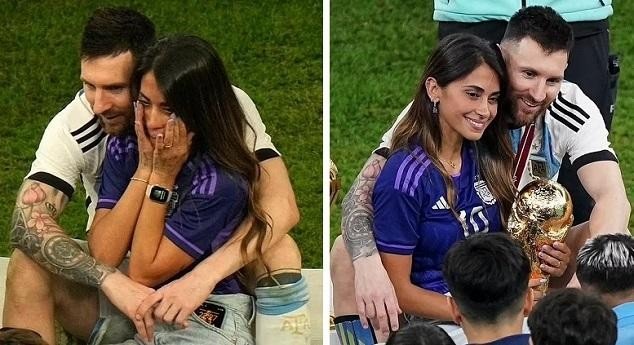 Antonela Roccuzzo không giấu được những giọt nước mắt hạnh phúc. Khoảnh khắc Messi ôm vợ vào lòng dỗ dành khiến đông đảo cư dân mạng xuýt xoa“. Ảnh: AP.