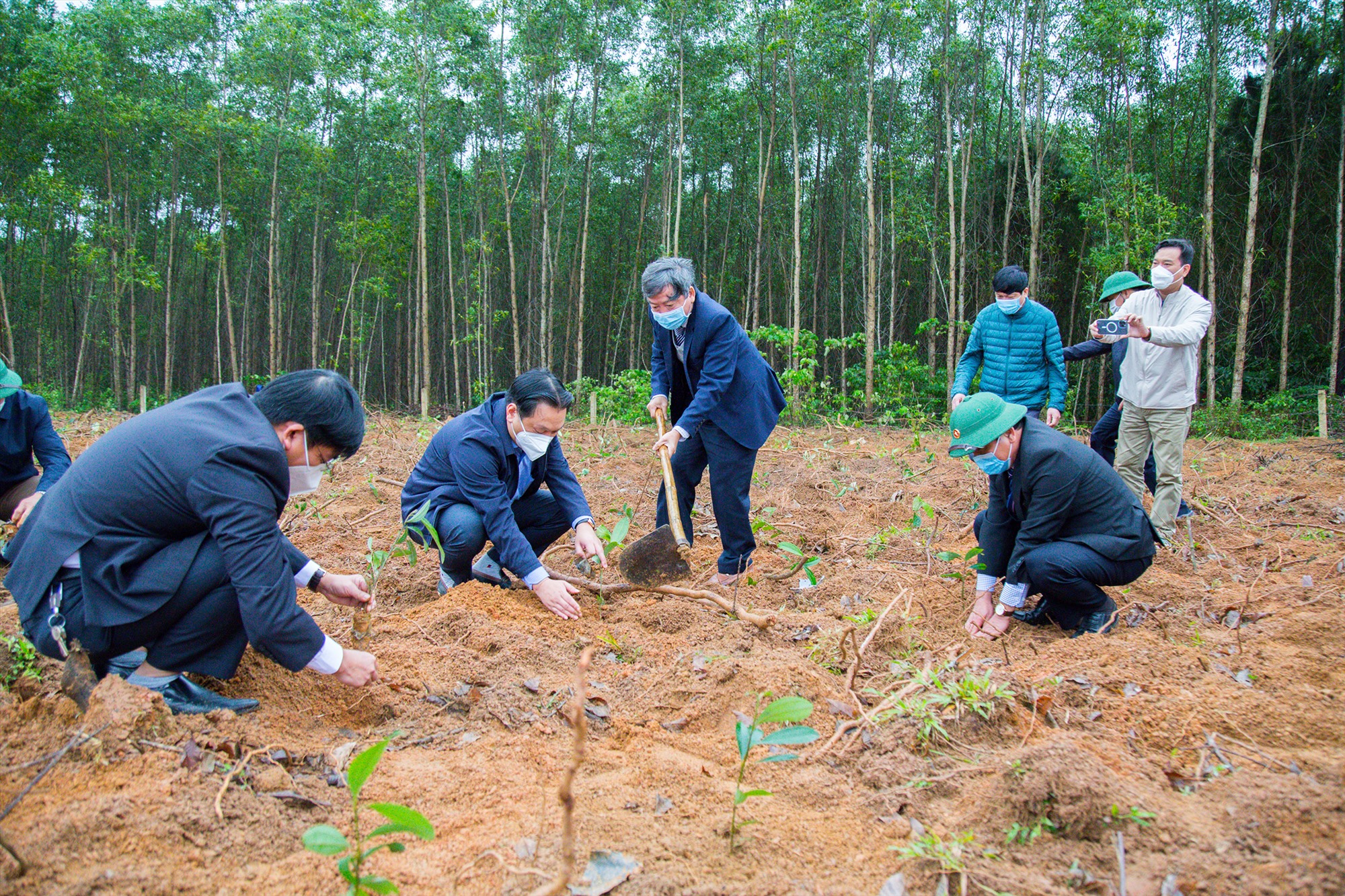 Các đại biểu trồng cây tại khu vực hồ Đá Lả, xã Cam Thủy - Ảnh: L.T