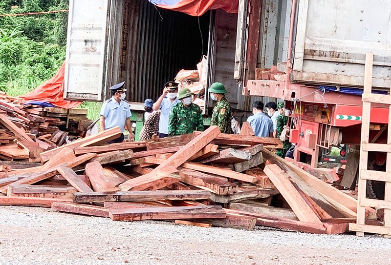 Lực lượng chức năng kiểm tra tang vật vụ buôn lậu gỗ, đá Pyrophyllite với tổng trị giá hơn 3,8 tỉ đồng của Công ty TNHH xuất nhập khẩu An Trần - Ảnh: N.B