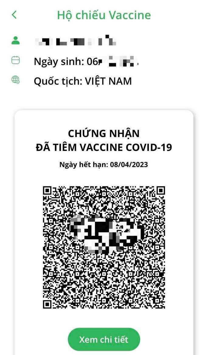Hộ chiếu vaccine của người dân được hiển thị trên ứng dụng PC-Covid
