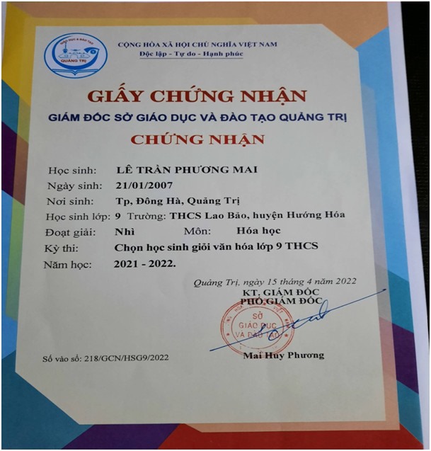 Em Lê Trần Phương Mai đạt giải Nhì môn Hóa học trong Kì thi HSG VH cấp tỉnh năm học 2021-2022