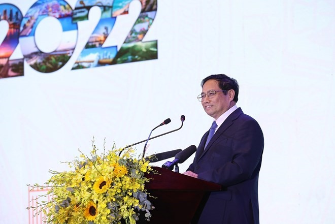 Thủ tướng Phạm Minh Chính phát biểu tại Diễn đàn Đầu tư Đà Nẵng năm 2022. (Ảnh: Dương Giang/TTXVN)