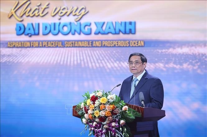Thủ tướng Phạm Minh Chính phát biểu tại Chương trình cầu truyền hình trực tiếp “Khát vọng đại dương xanh”. Ảnh: TXVN
