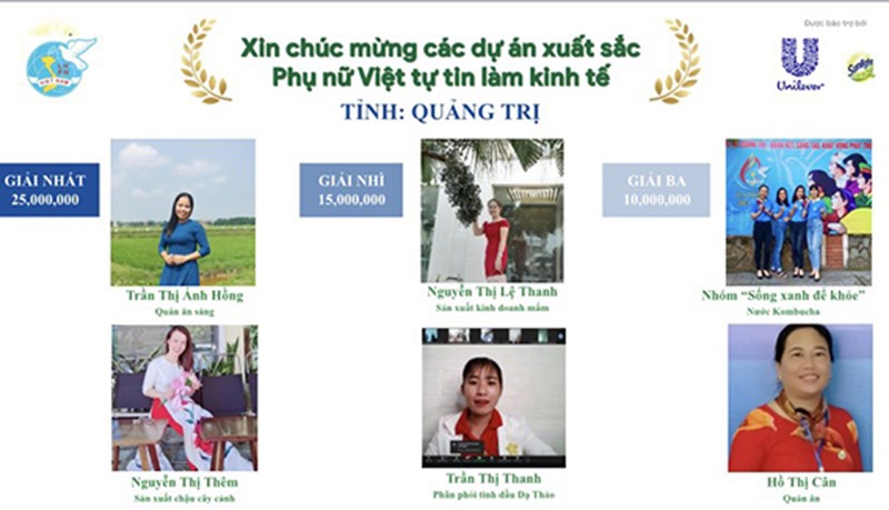 Chị Hồng (góc trái trên cùng) xuất sắc giành giải Nhất trong cuộc thi “Phụ nữ Việt tự tin làm kinh tế” do Hội Liên hiệp Phụ nữ Việt Nam phối hợp với Công ty Unilever Việt Nam tổ chức - Ảnh: NVCC