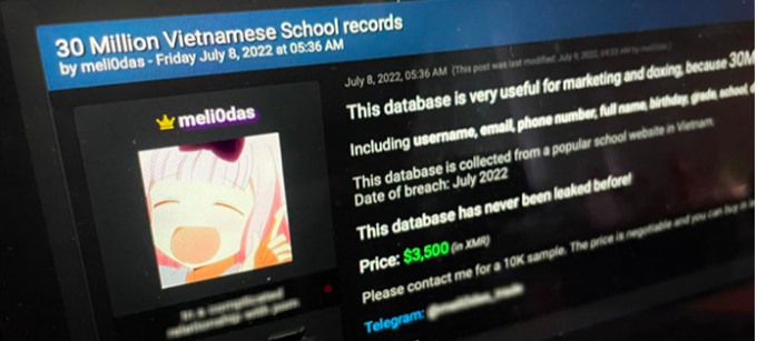 Hacker rao bán 'dữ liệu trường học của 30 triệu người Việt'. Ảnh: Chụp màn hình.