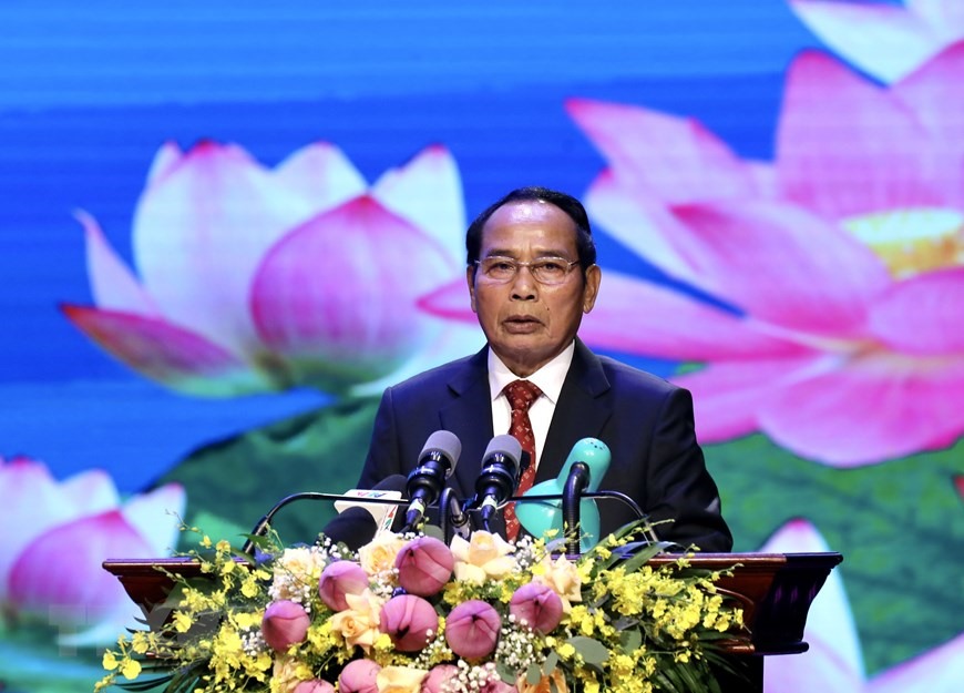Thường trực Ban Bí thư, Phó Chủ tịch nước Lào Bounthong Chitmany đọc diễn văn tại lễ kỷ niệm. (Ảnh: Lâm Khánh/TTXVN)
