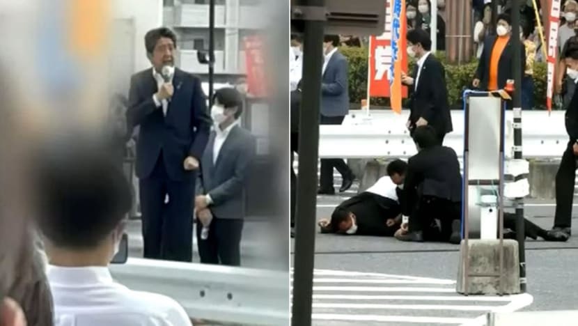 Hình ảnh chụp cảnh cựu thủ tướng Nhật Bản Shinzo Abe đang có bài phát biểu ở Nara và quang cảnh hiện trường sau khi ông bị một kẻ tấn công bắn bằng súng tự chế. Hình ảnh: YouTube/NHK.