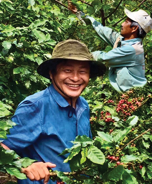Anh Thông tham gia thu hoạch cà phê cùng nông dân ở vườn Năm Mùa - Ảnh: NVCC