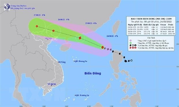 Bản đồ đường đi của bão số 3 trên biển Đông (sáng 24/8). (Ảnh: TTXVN phát)