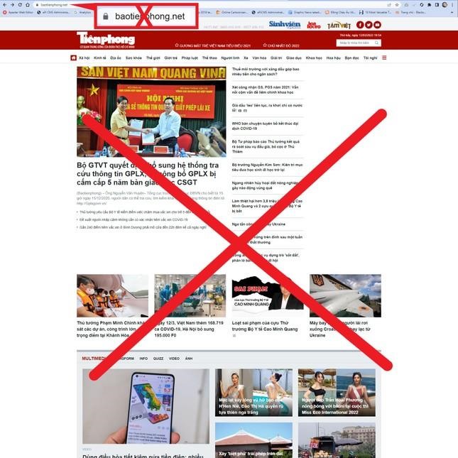 Tên miền và giao diện trang web giả mạo Báo Tiền Phong điện tử