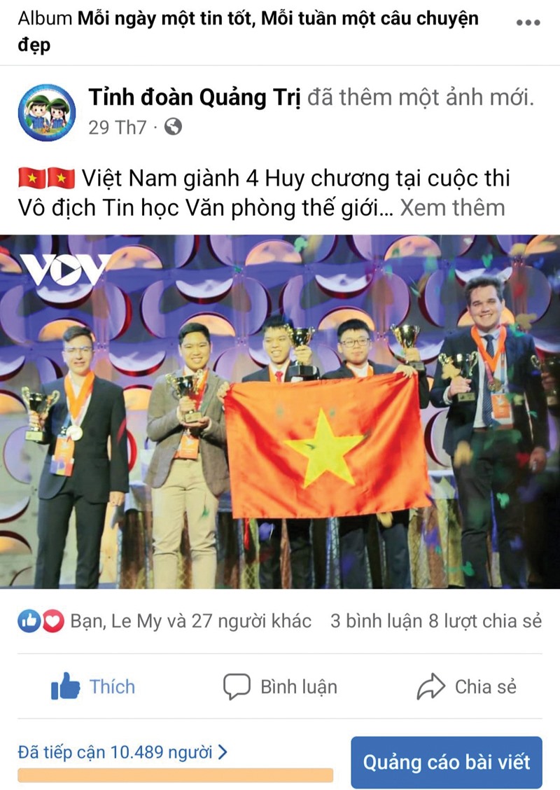 Hình ảnh bài đăng Việt Nam giành 4 huy chương tại cuộc thi Vô địch Tin học văn phòng thế giới 2022 trong chuyên mục mỗi ngày một tin tốt, mỗi tuần một câu chuyện đẹp trên fanpage Tỉnh đoàn Quảng Trị -Ảnh: T.Đ
