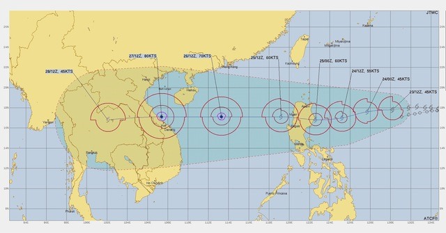 Hải quân Mỹ dự báo vị trí và đường đi của bão Noru.