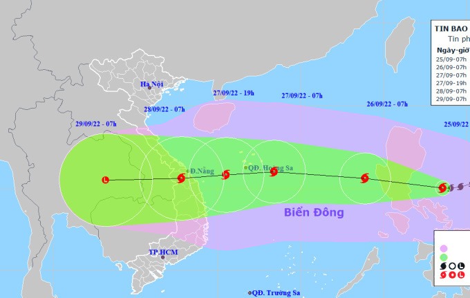 Dự báo đường đi và hướng di chuyển của bão Noru lúc 7h ngày 25/9. Ảnh: NCHMF