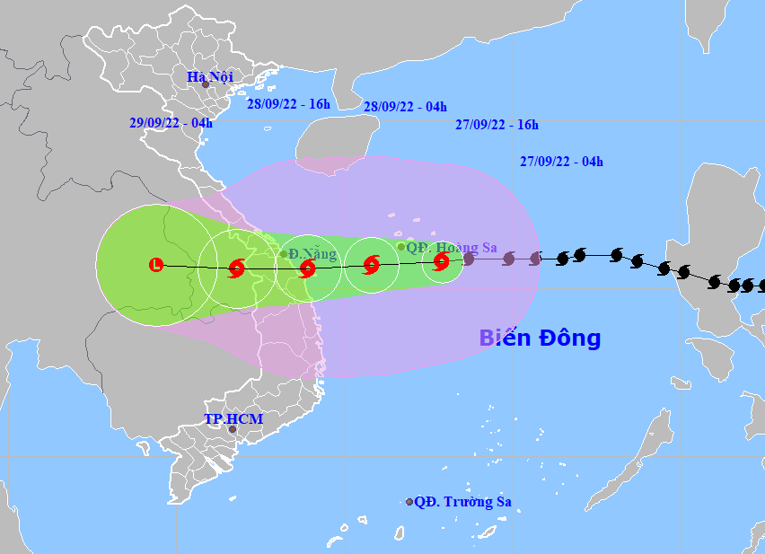 Họa đồ vị trí và hướng di chuyển của bão số 4. (Nguồn: Trung tâm dự báo khí tượng thủy văn quốc gia).