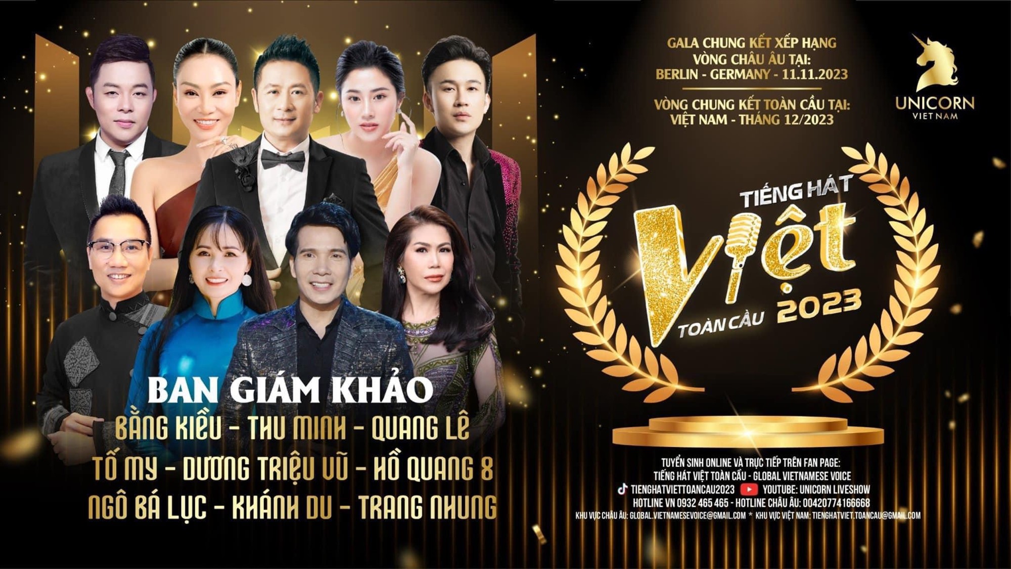 Hồ Quang 8 (hàng đầu, thứ 2 từ phải sang) ở vị trí giám khảo Cuộc thi “Tiếng hát Việt toàn cầu 2023” - Ảnh: NVCC