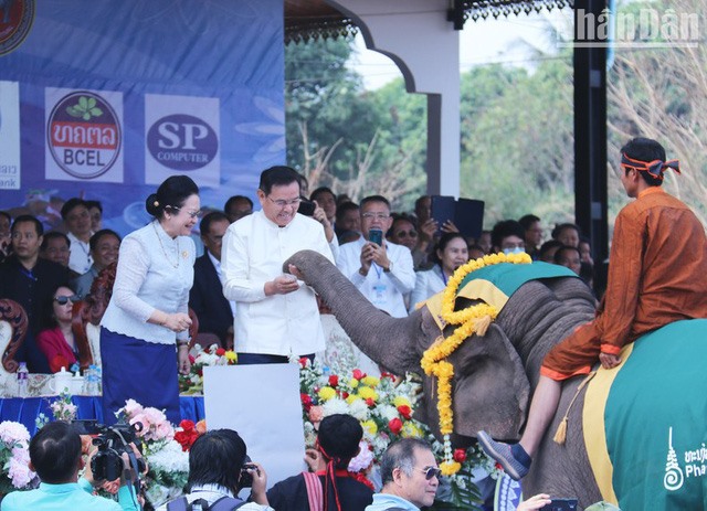 Chủ tịch Quốc hội Lào Saysomphone Phomvihane cùng phu nhân tham dự khai mạc Lễ hội voi tỉnh Sayaboury năm 2023. (Ảnh: Báo Nhân dân điện tử)