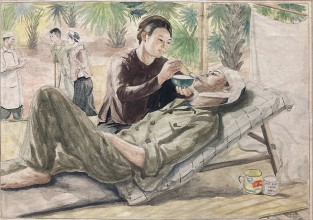 Tác phẩm ''Đồng chí cố ăn một chút'' của họa sỹ Văn Giáo. (Tranh: Bảo tàng Mỹ thuật Việt Nam)