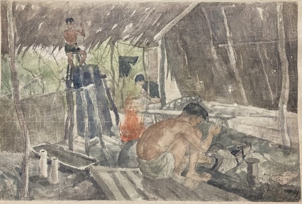 Tranh ''Dao găm rèn cho du kích'' của họa sĩ Nguyễn Hiêm năm 1945. (Tranh: Bảo tàng Mỹ thuật Việt Nam)