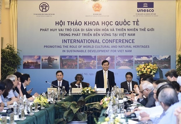 Toàn cảnh hội thảo quốc tế “Phát huy vai trò của di sản văn hóa và thiên nhiên thế giới trong phát triển bền vững tại Việt Nam.” Ảnh: TTXVN.