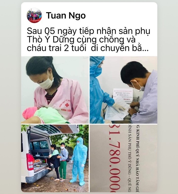 Facebook của cán bộ Trung tâm Y tế huyện Hải Lăng thông báo về tình hình sức khỏe của mẹ, con chị Thò Ý Dũng và số tiền hỗ trợ gia đình chị. Ảnh: Ngô Tuấn