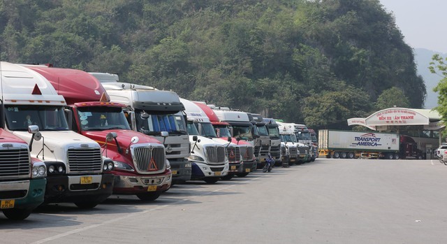 Các container xếp hàng chờ xuất khẩu tại bãi xe dành cho hàng trung chuyển xuất nhập khẩu trên cửa khẩu Tân Thanh - Ảnh: VGP/Tuấn Dũng