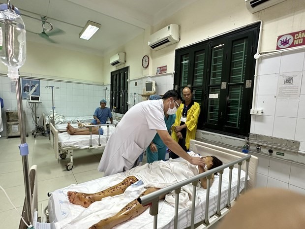 Bác sỹ Bệnh viện Hữu nghị Việt Đức thăm khám cho bệnh nhân. (Ảnh: PV/Vietnam+)