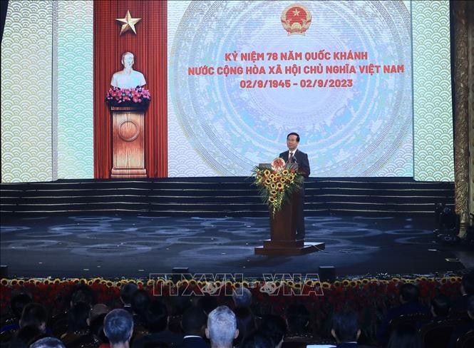 Chủ tịch nước Võ Văn Thưởng đọc diễn văn tại Chương trình kỷ niệm 78 năm ngày Quốc khánh nước CHXHCN Việt Nam. Ảnh: Lâm Khánh/TTXVN.