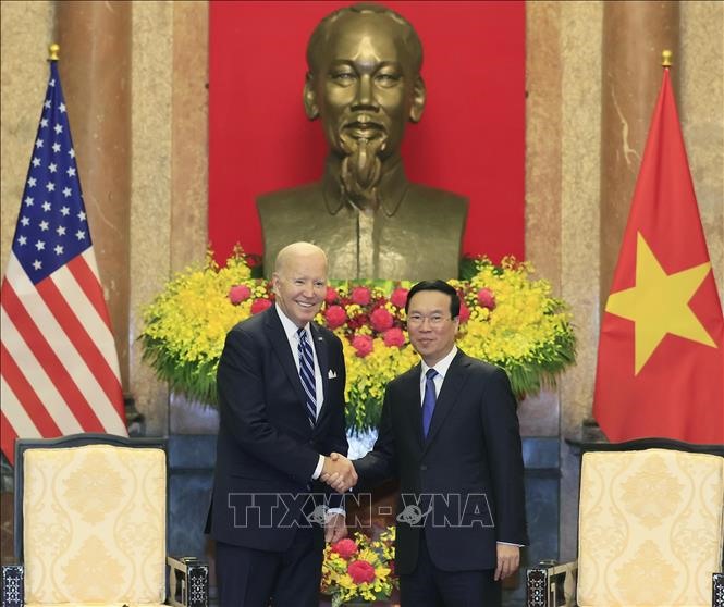 Chủ tịch nước Võ Văn Thưởng tiếp Tổng thống Hoa Kỳ Joe Biden. Ảnh: Thống Nhất/TTXVN