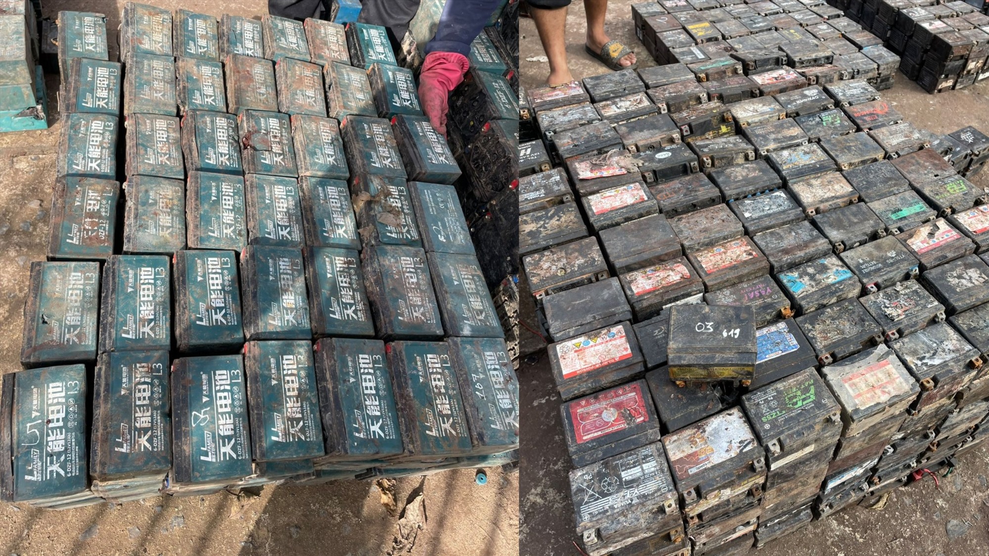 Ắc quy cũ là chất thải nguy hại mà Dương Văn Sinh thu mua, bị Công an huyện Đakrông phát hiện- Ảnh: Vân Phong