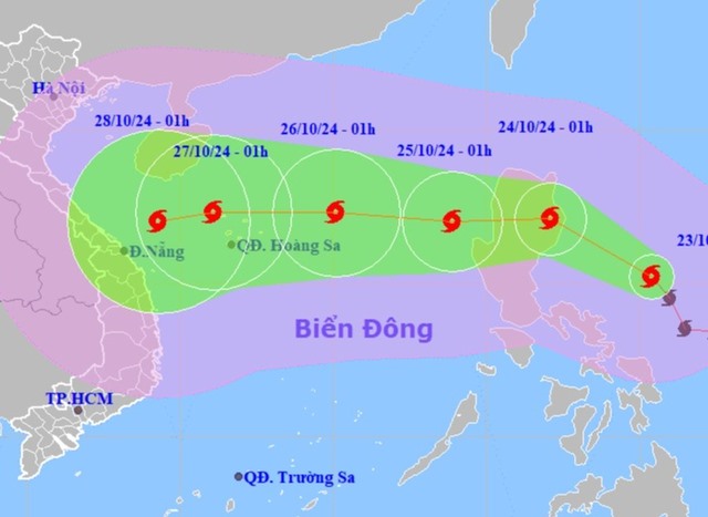 Vị trí và dự báo hướng di chuyển của bão Trami. Ảnh: nchmf