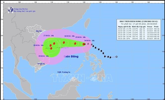 Hướng di chuyển của bão số 6. Ảnh: TTXVN phát