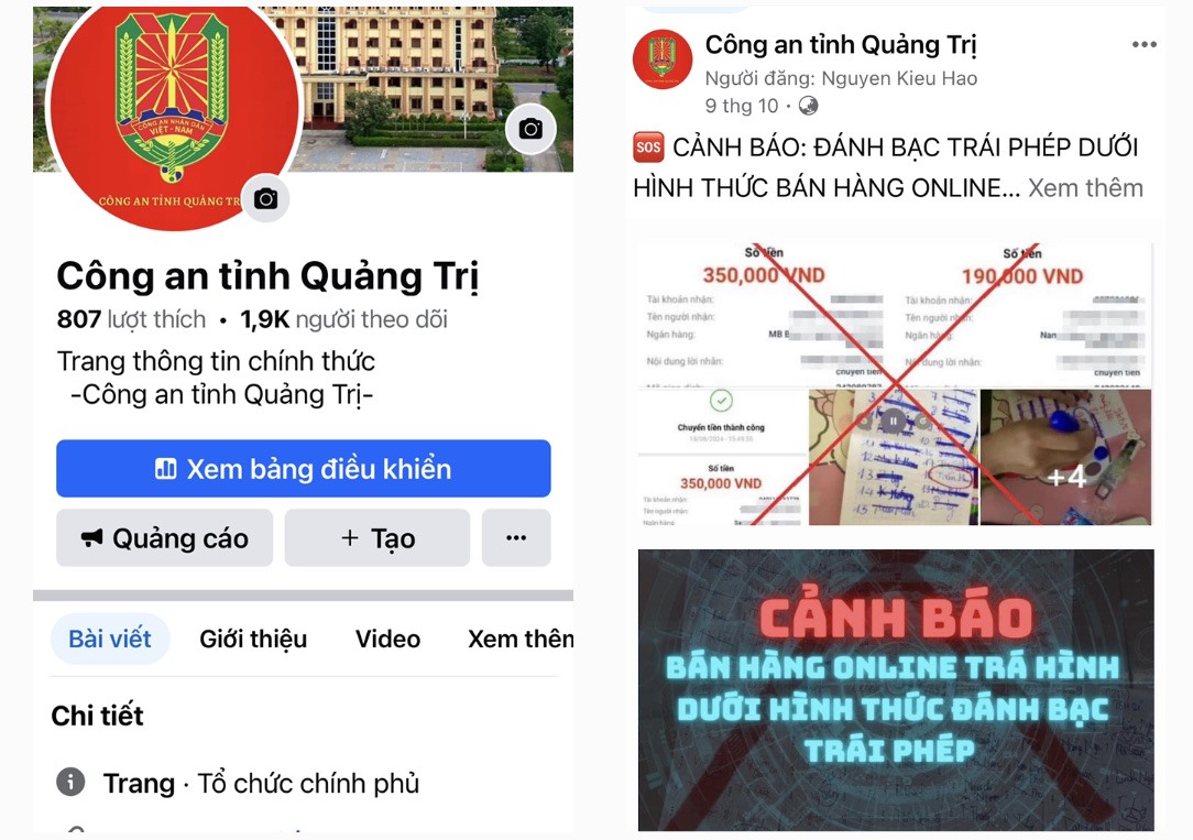 Giao diện facebook “Công an tỉnh Quảng Trị” -Ảnh: NHẬT MINH