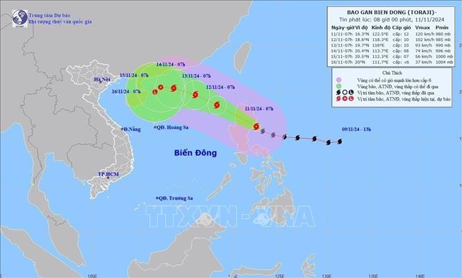 Đường đi của bão TORAJI, lúc 7giờ ngày 11/11/2024. Ảnh: TTXVN phát