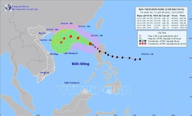 Đường đi của bão số 08 lúc 10h ngày 12/11/2024. Ảnh: TTXVN phát