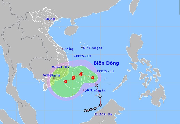 Vị trí và đường đi của áp thấp nhiệt đới. Ảnh: NCHMF