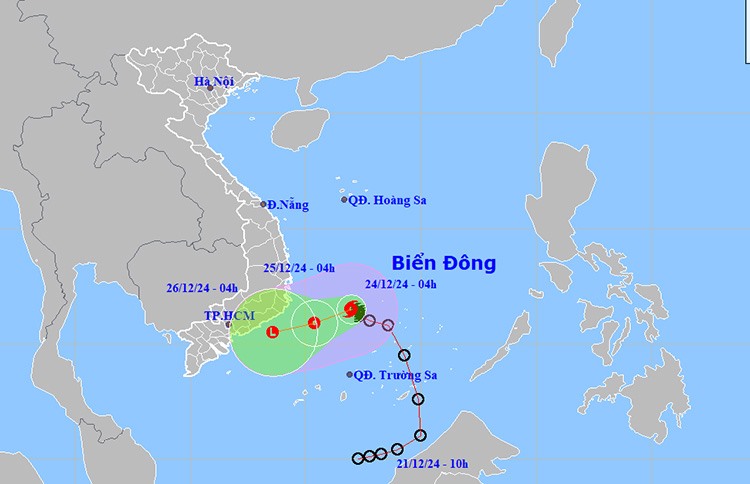 Vị trí và đường đi của áp thấp nhiệt đới. Ảnh: NCHMF