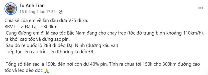 Ảnh: Tài khoản Tu Anh Tran chia sẻ về chi phí cho chuyến du xuân cùng VF 5 Plus.