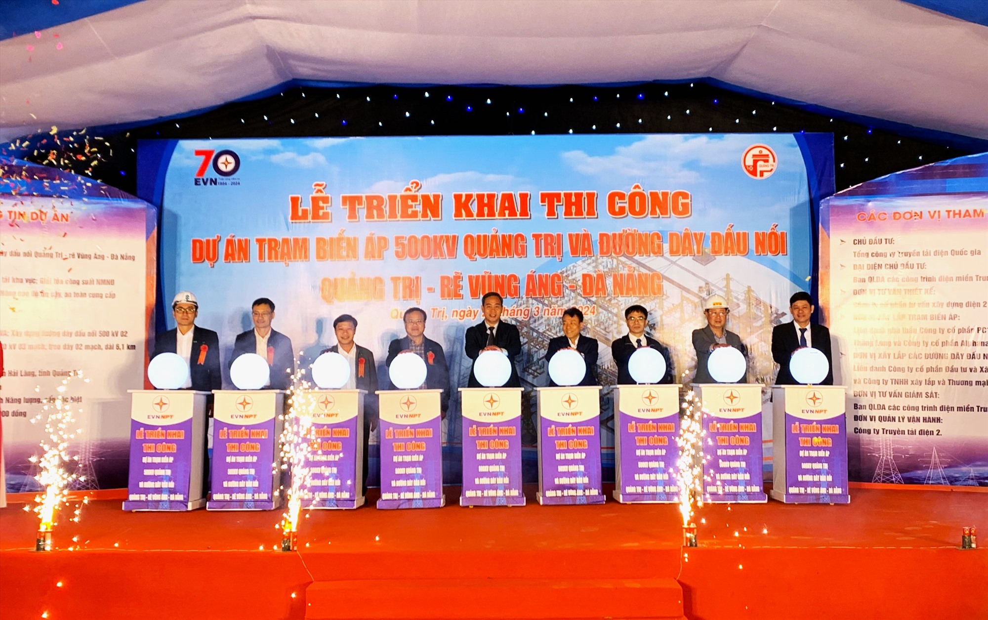 Lãnh đạo tỉnh Quảng Trị, huyện Hải Lăng và Tổng công ty Truyền tải điện Quốc gia ấn nút triển khai thi công dự án - Ảnh: H.N.K