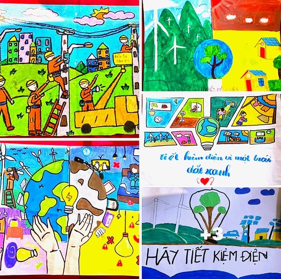 Một số tranh vẽ của học sinh lớp 4D, Trường Tiểu học Nguyễn Bá Ngọc, thành phố Đông Hà về đề tài tiết kiệm điện -Ảnh: LK