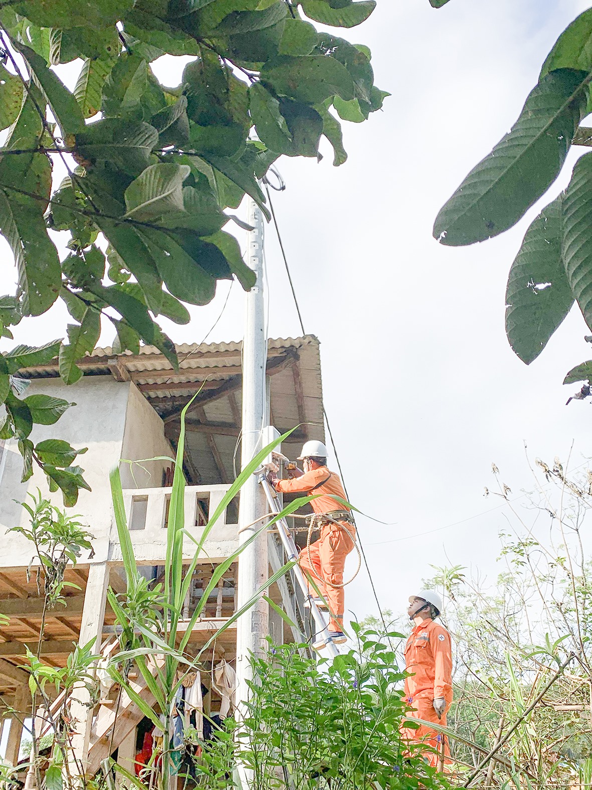 Công nhân Điện lực Đakrông kiểm tra an toàn lưới điện tại thôn Ly Tôn, xã Tà Long, huyện Đakrông -Ảnh: L.K