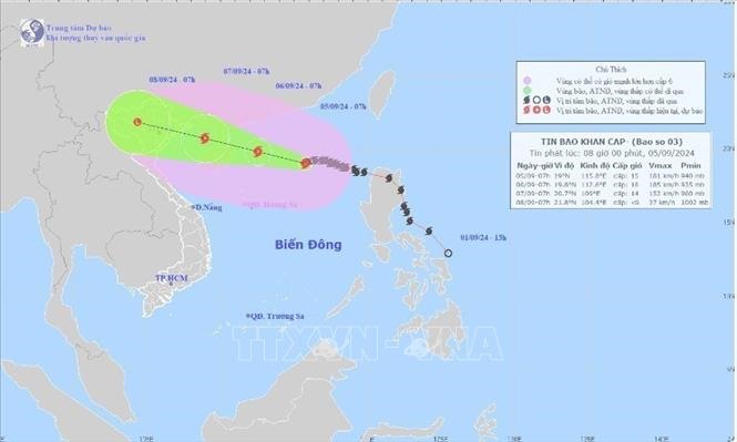 Bản đồ đường đi của Bão số 3 lúc 7 giờ ngày 5/9/2024. Ảnh: TTXVN phát