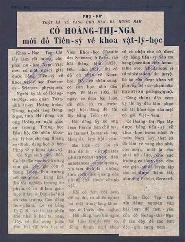 Bài báo về bà Hoàng Thị Nga trên tờ Tạp chí Khoa học số 97 ngày 1/7/1935. Ảnh tư liệu